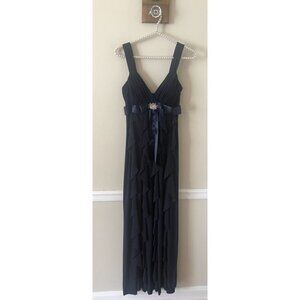 Cache Womens SIze 6 Blue Sleeveless Ruffle Maxi Dress Party Cocktail Jewel Pin